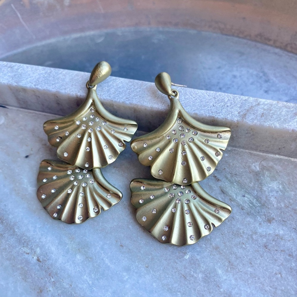 EW Badgley Mischka Large Gold Fan Statement Rhinestone Earrings Bohemian Summer